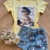 Blusa Infantil Feminina Manga Curta Malha Amarela de Gatinho Fernanda Ramos Kids