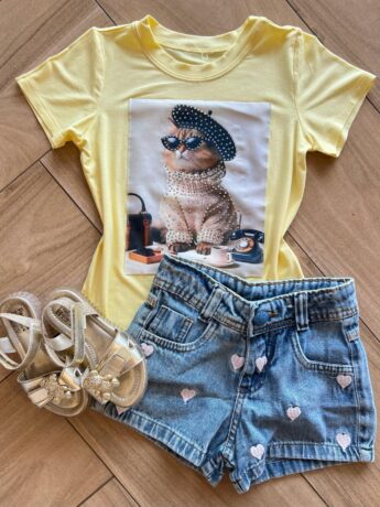 Blusa Infantil Feminina Manga Curta Malha Amarela de Gatinho Fernanda Ramos Kids