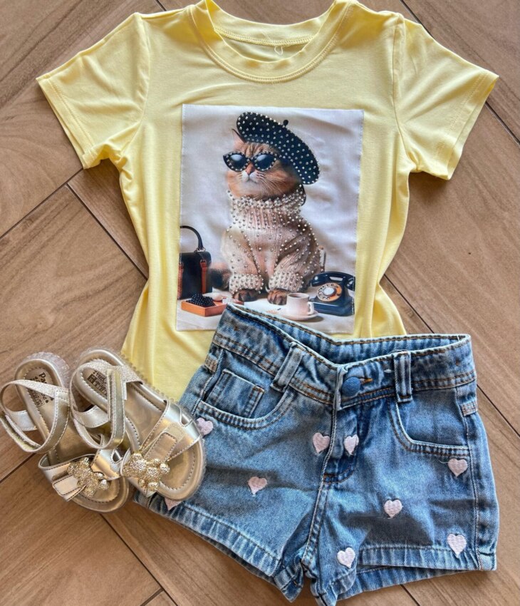 Blusa Infantil Feminina Manga Curta Malha Amarela de Gatinho Fernanda Ramos Kids