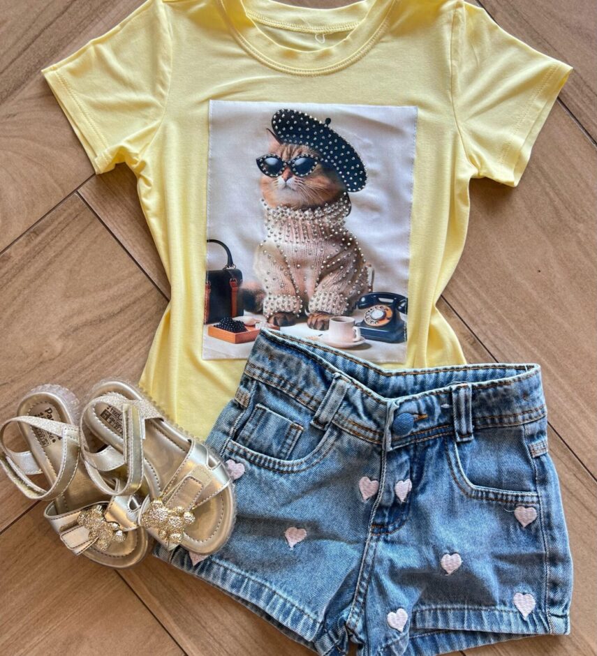 Blusa Infantil Feminina Manga Curta Malha Amarela de Gatinho Fernanda Ramos Kids