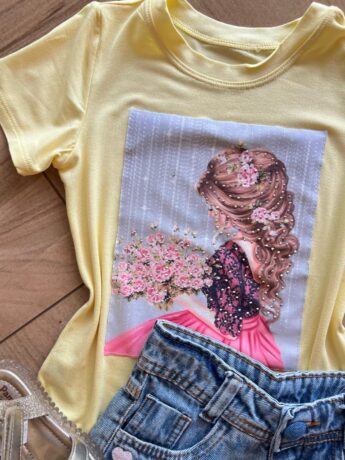 fernandaramoskids com br Blusa Infantil Feminina Manga Curta Malha Amarela Flores1