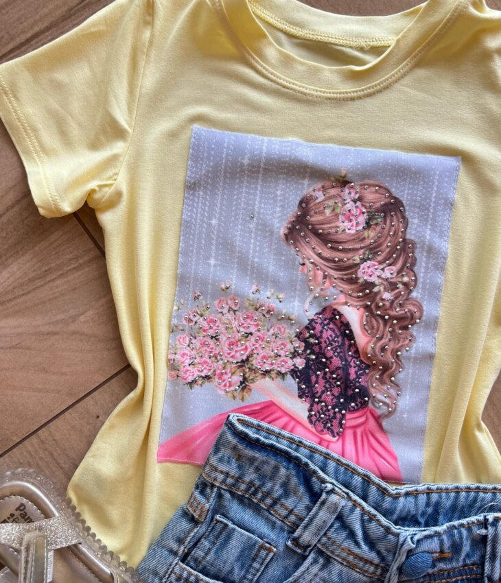 fernandaramoskids com br Blusa Infantil Feminina Manga Curta Malha Amarela Flores1