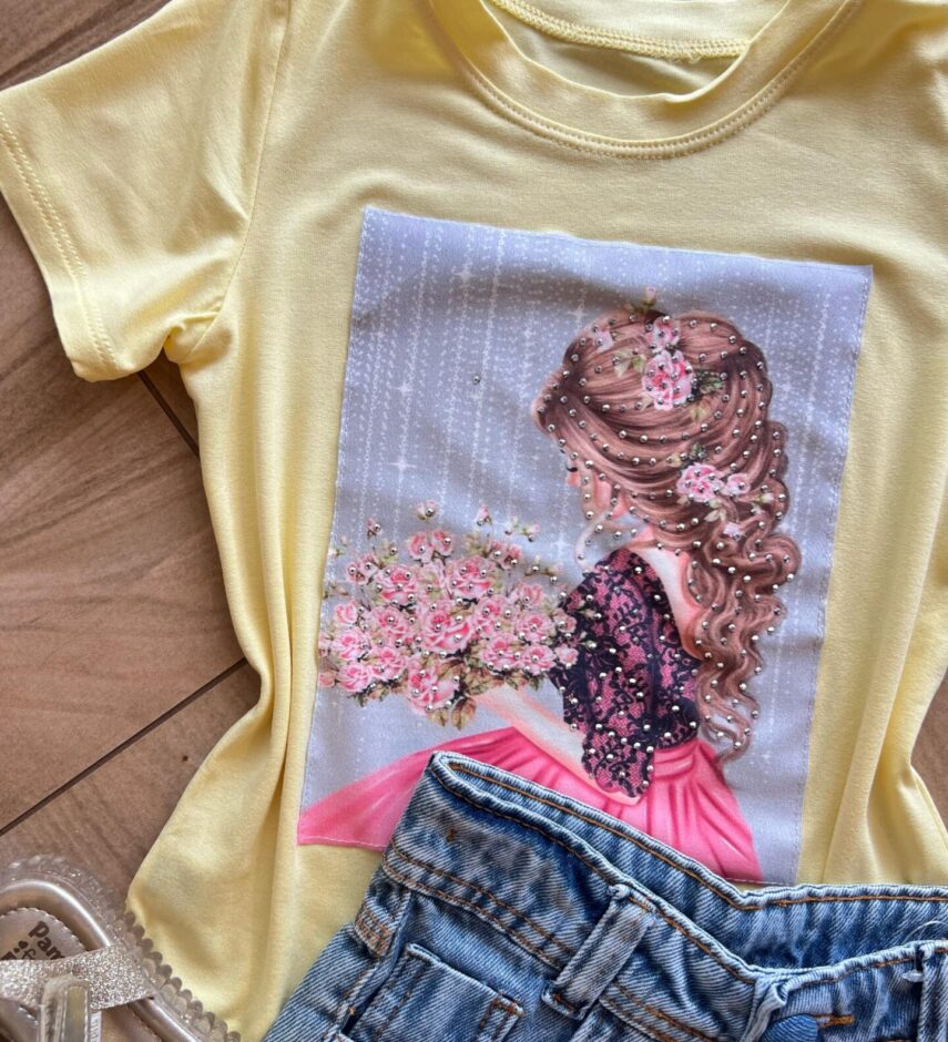 fernandaramoskids com br Blusa Infantil Feminina Manga Curta Malha Amarela Flores1