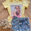 Blusa Infantil Feminina Manga Curta Malha Amarela Flores Fernanda Ramos Kids