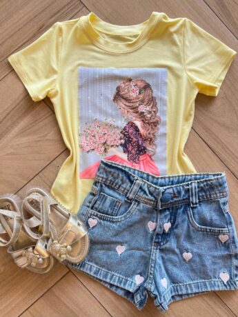 Blusa Infantil Feminina Manga Curta Malha Amarela Flores Fernanda Ramos Kids
