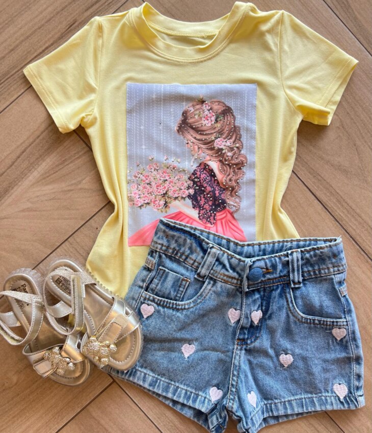 Blusa Infantil Feminina Manga Curta Malha Amarela Flores Fernanda Ramos Kids