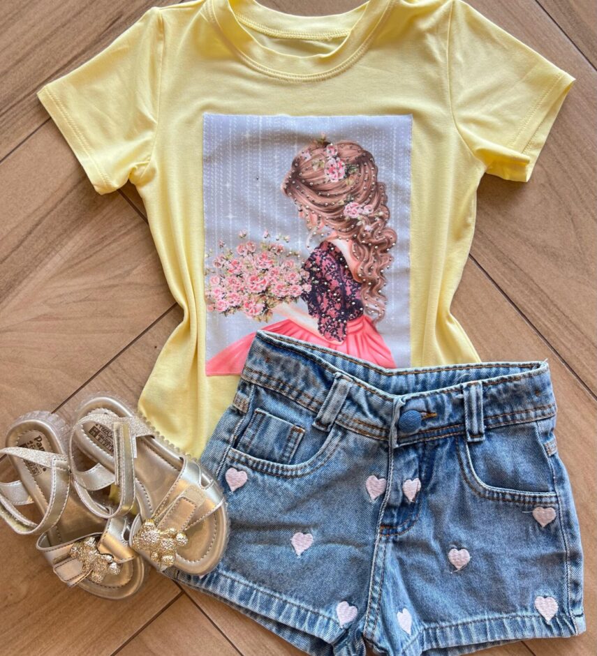 Blusa Infantil Feminina Manga Curta Malha Amarela Flores Fernanda Ramos Kids