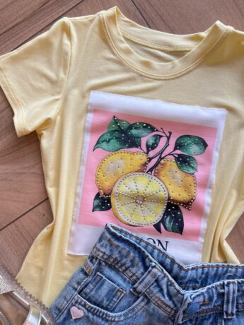 fernandaramoskids com br Blusa Infantil Feminina Manga Curta Malha Amarela Lemon1