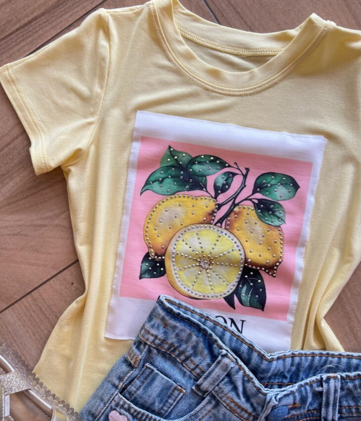 fernandaramoskids com br Blusa Infantil Feminina Manga Curta Malha Amarela Lemon1