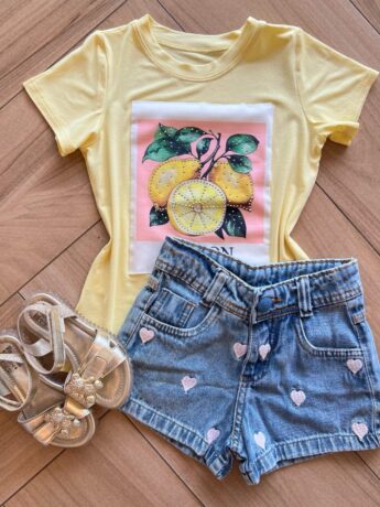 Blusa Infantil Feminina Manga Curta Malha Amarela Lemon Fernanda Ramos Kids