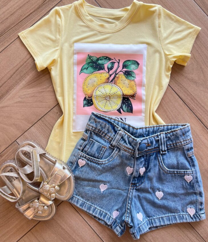 Blusa Infantil Feminina Manga Curta Malha Amarela Lemon Fernanda Ramos Kids