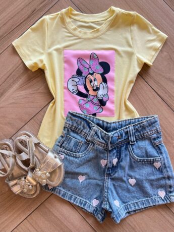 Blusa Infantil Feminina Manga Curta Malha Amarela Minnie Fernanda Ramos Kids