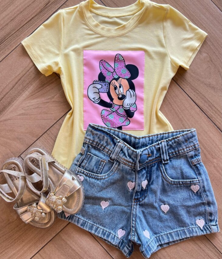 Blusa Infantil Feminina Manga Curta Malha Amarela Minnie Fernanda Ramos Kids