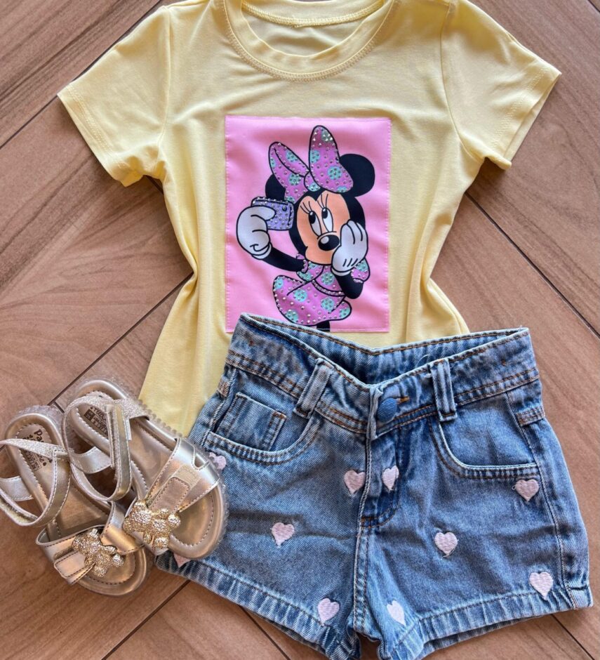 Blusa Infantil Feminina Manga Curta Malha Amarela Minnie Fernanda Ramos Kids