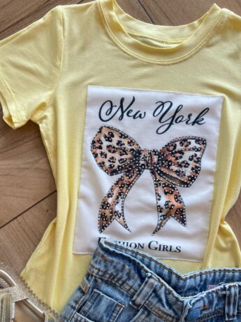 fernandaramoskids com br Blusa Infantil Feminina Manga Curta Malha Amarela New York1