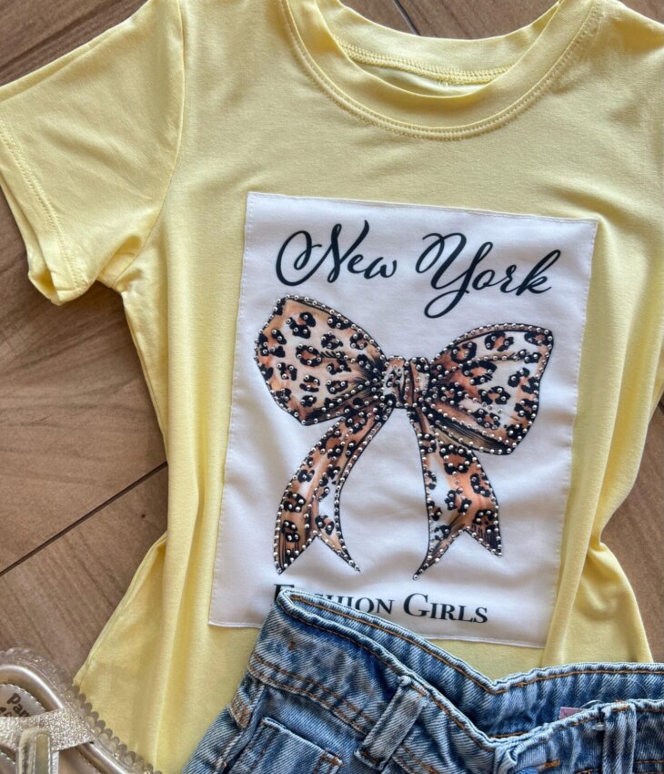 fernandaramoskids com br Blusa Infantil Feminina Manga Curta Malha Amarela New York1