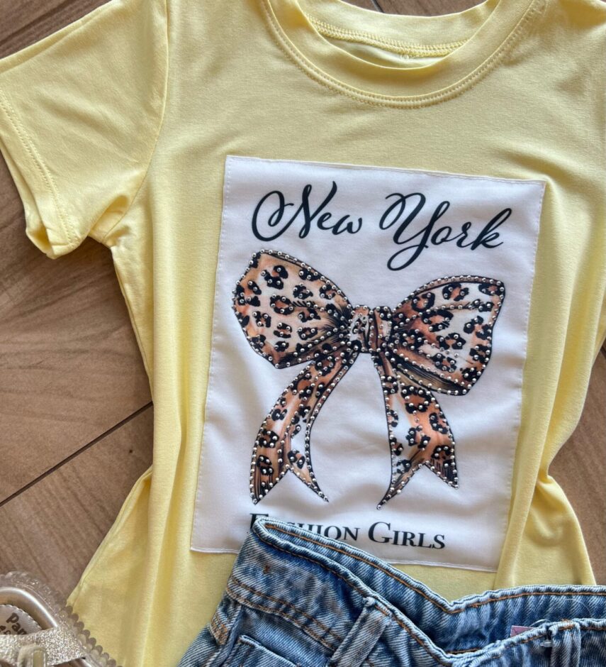 fernandaramoskids com br Blusa Infantil Feminina Manga Curta Malha Amarela New York1