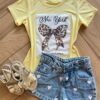 Blusa Infantil Feminina Manga Curta Malha Amarela New York Fernanda Ramos Kids
