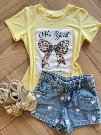 Blusa Infantil Feminina Manga Curta Malha Amarela New York Fernanda Ramos Kids