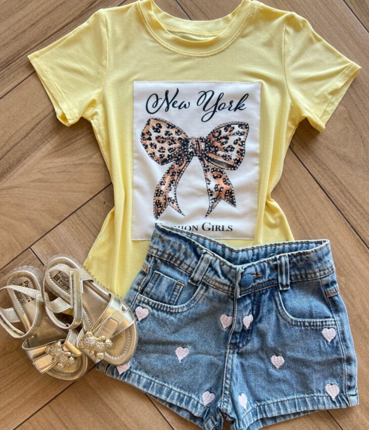 Blusa Infantil Feminina Manga Curta Malha Amarela New York Fernanda Ramos Kids