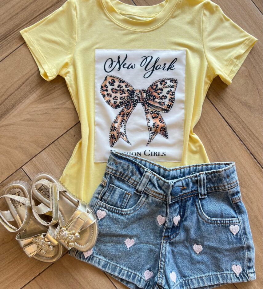Blusa Infantil Feminina Manga Curta Malha Amarela New York Fernanda Ramos Kids