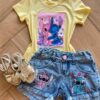 Blusa Infantil Feminina Manga Curta Malha Amarela Stich Apaixonado Fernanda Ramos Kids