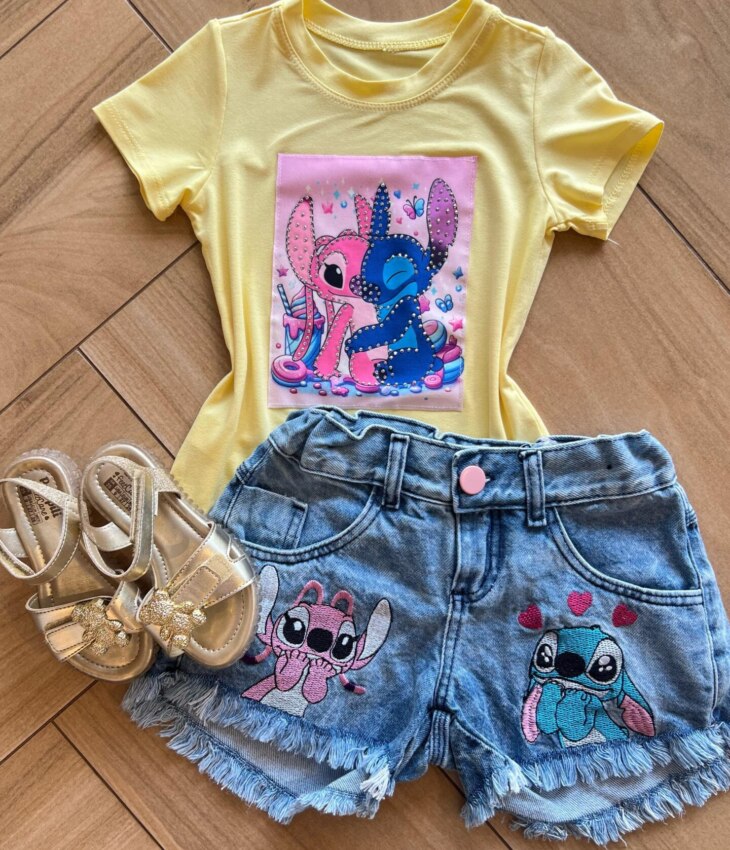 Blusa Infantil Feminina Manga Curta Malha Amarela Stich Apaixonado Fernanda Ramos Kids