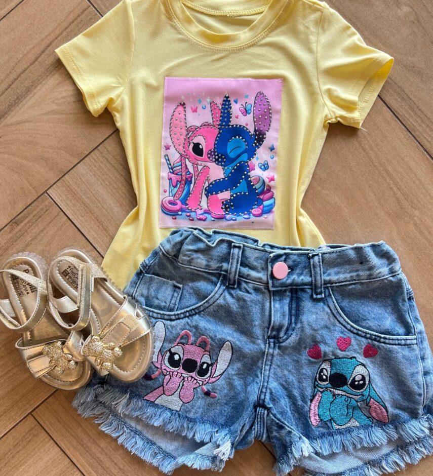 Blusa Infantil Feminina Manga Curta Malha Amarela Stich Apaixonado Fernanda Ramos Kids