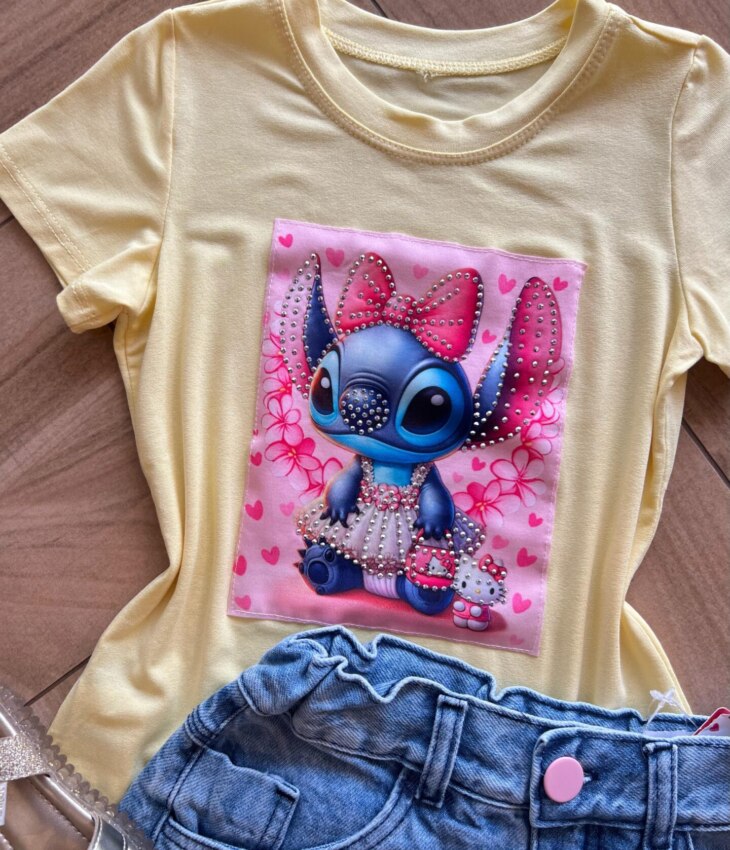fernandaramoskids com br Blusa Infantil Feminina Manga Curta Malha Amarela Stich Azul1