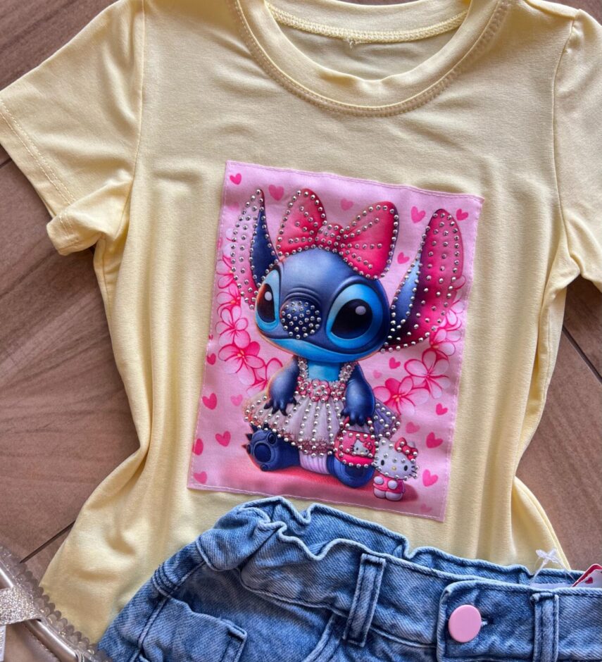 fernandaramoskids com br Blusa Infantil Feminina Manga Curta Malha Amarela Stich Azul1