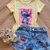 Blusa Infantil Feminina Manga Curta Malha Amarela Stich Azul Fernanda Ramos Kids
