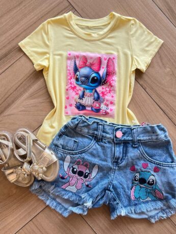 Blusa Infantil Feminina Manga Curta Malha Amarela Stich Azul Fernanda Ramos Kids