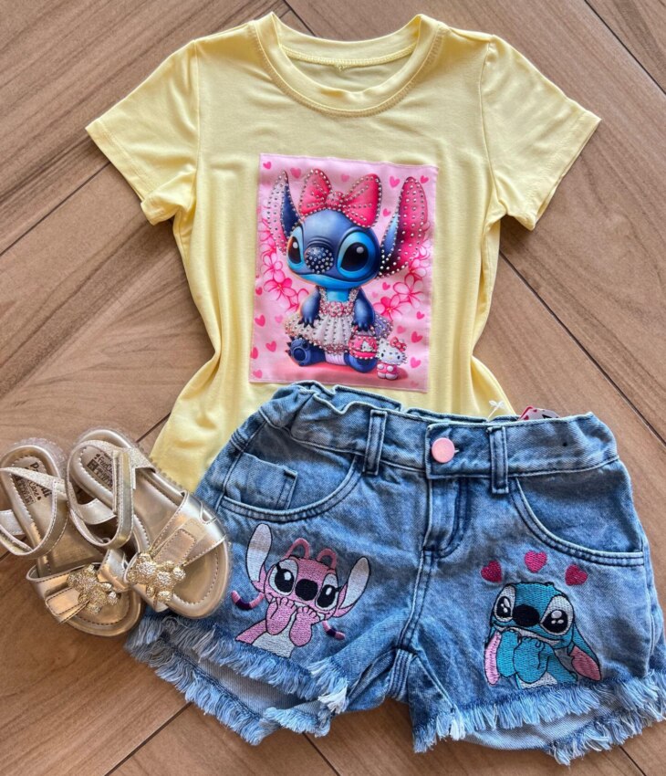 Blusa Infantil Feminina Manga Curta Malha Amarela Stich Azul Fernanda Ramos Kids