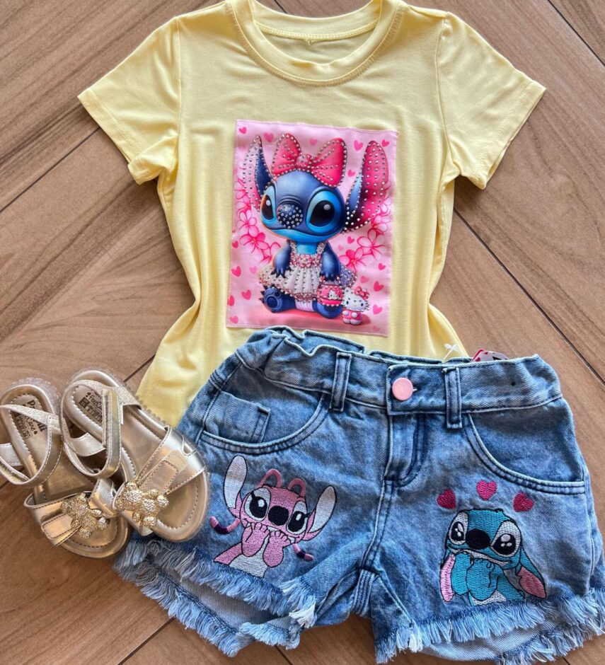 Blusa Infantil Feminina Manga Curta Malha Amarela Stich Azul Fernanda Ramos Kids