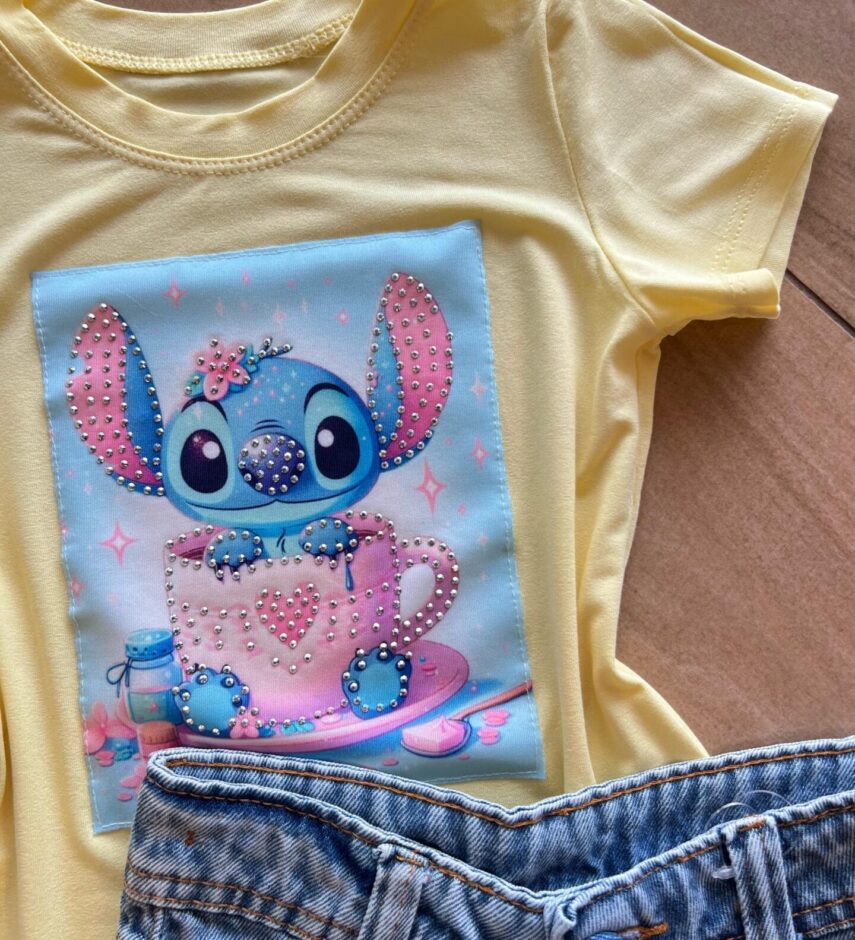 fernandaramoskids com br Blusa Infantil Feminina Manga Curta Malha Amarela Stich Cozinheiro1