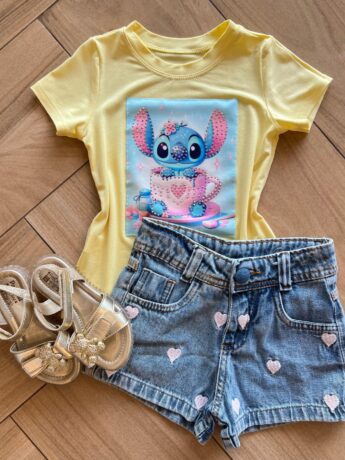 Blusa Infantil Feminina Manga Curta Malha Amarela Stich Cozinheiro Fernanda Ramos KIds