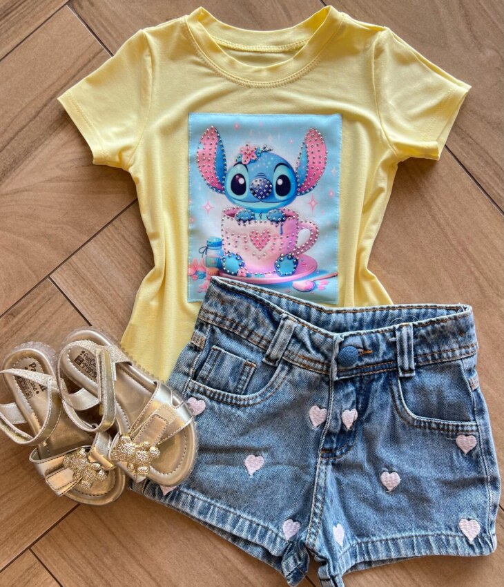 Blusa Infantil Feminina Manga Curta Malha Amarela Stich Cozinheiro Fernanda Ramos KIds