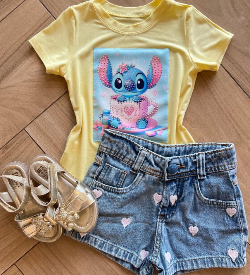Blusa Infantil Feminina Manga Curta Malha Amarela Stich Cozinheiro Fernanda Ramos KIds