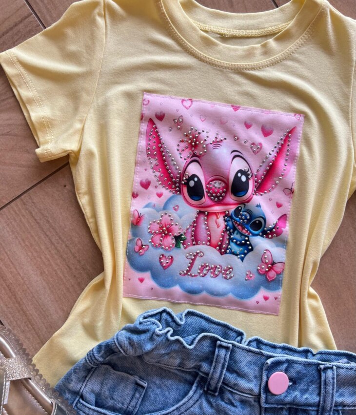 fernandaramoskids com br Blusa Infantil Feminina Manga Curta Malha Amarela Stich Love1