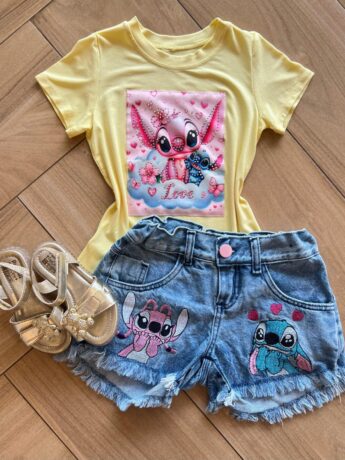 Blusa Infantil Feminina Manga Curta Malha Amarela Stich Love Fernanda Ramos Kids
