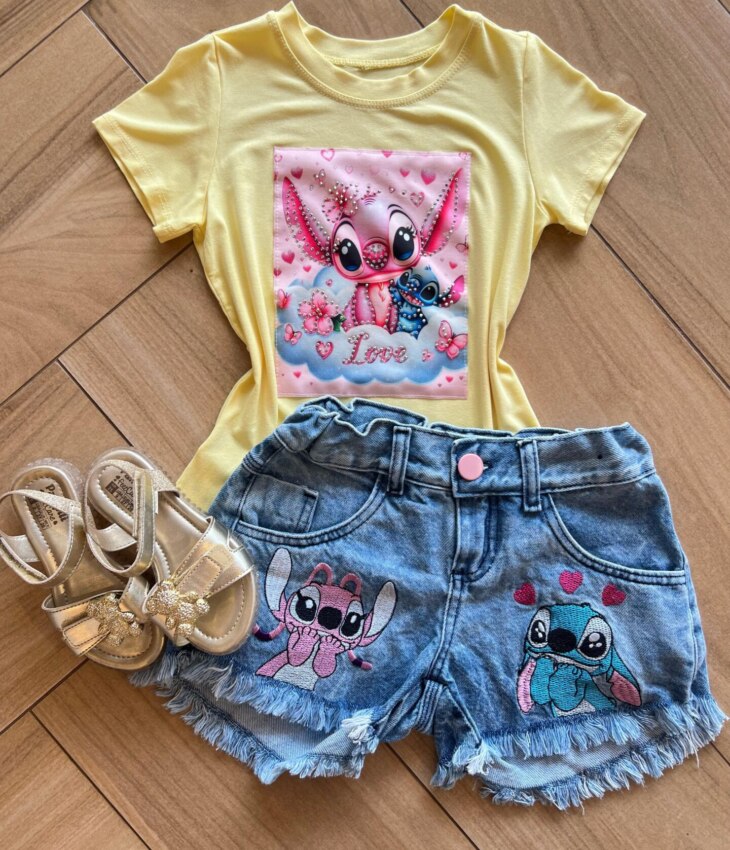 Blusa Infantil Feminina Manga Curta Malha Amarela Stich Love Fernanda Ramos Kids