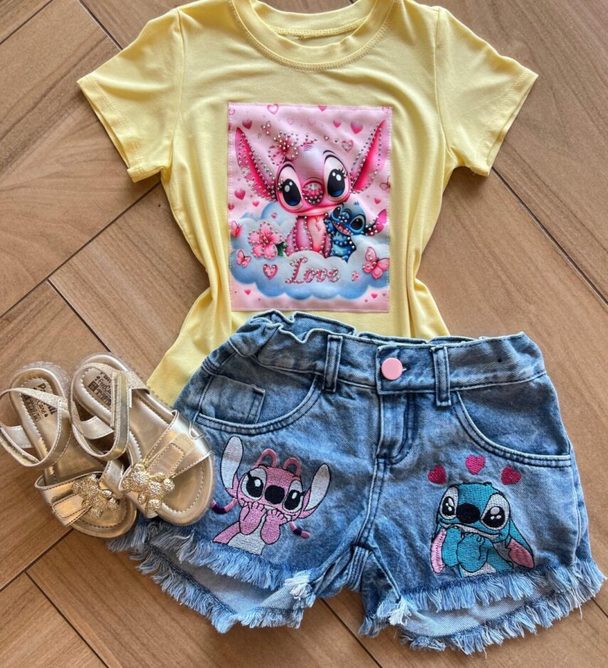 Blusa Infantil Feminina Manga Curta Malha Amarela Stich Love Fernanda Ramos Kids