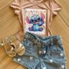 Blusa Infantil Feminina Manga Curta Malha Bege Estampada Fernanda Ramos Kids