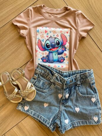 Blusa Infantil Feminina Manga Curta Malha Bege Estampada Fernanda Ramos Kids