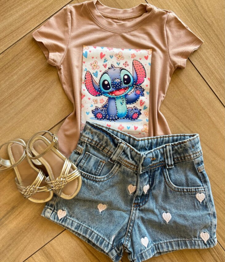 Blusa Infantil Feminina Manga Curta Malha Bege Estampada Fernanda Ramos Kids
