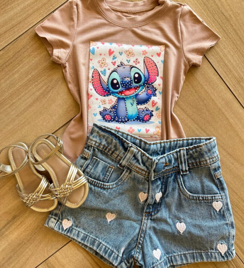 Blusa Infantil Feminina Manga Curta Malha Bege Estampada Fernanda Ramos Kids