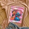 fernandaramoskids com br Blusa Infantil Feminina Manga Curta Malha Bege Estampada Stich1