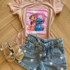 Blusa Infantil Feminina Manga Curta Malha Bege Estampada Stich Fernanda Ramos Kids