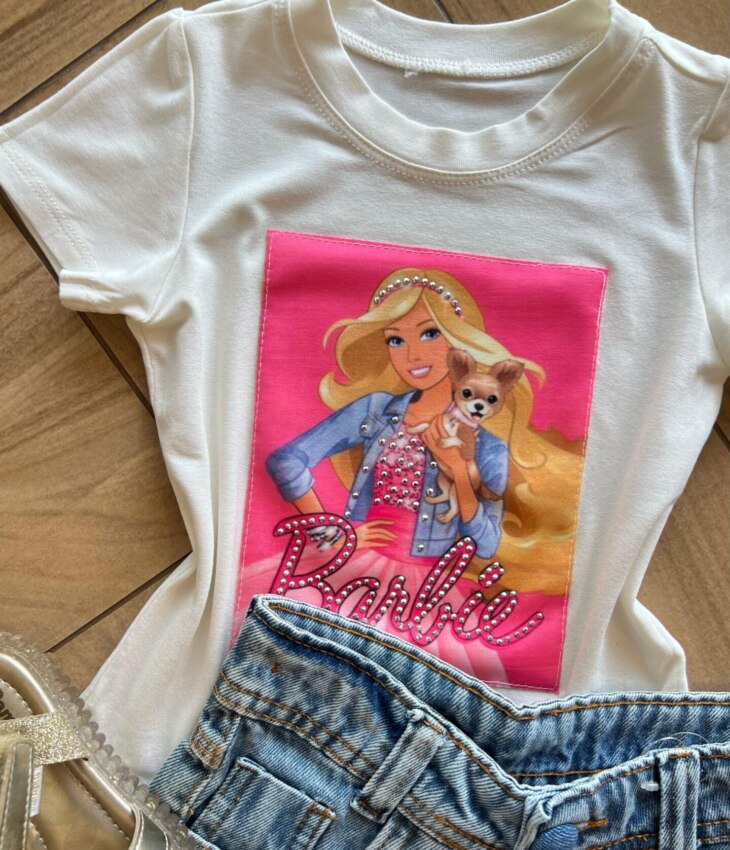fernandaramoskids com br Blusa Infantil Feminina Manga Curta Malha Branca Barbie1