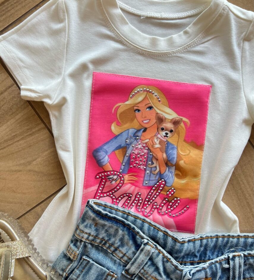 fernandaramoskids com br Blusa Infantil Feminina Manga Curta Malha Branca Barbie1